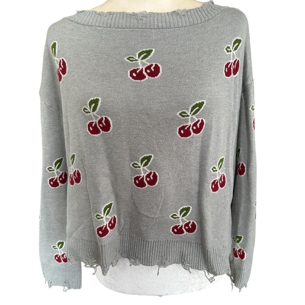 Cherry Sweater Knit Medium Fruity Grunge Indie Thrashed Slouchy Distressed‎ Gray